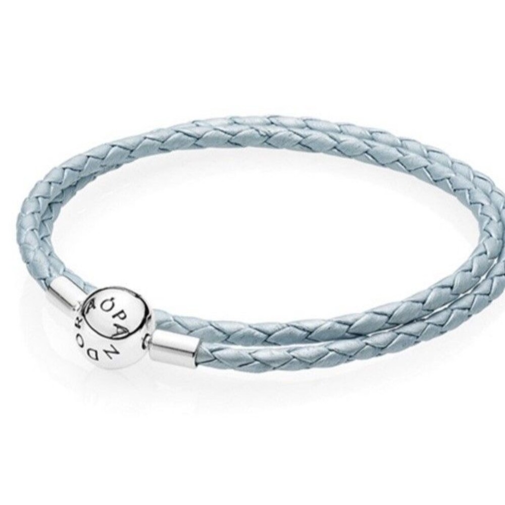 PANDORA Light Blue Leather Double Strand Bracelet w/Round Sterling Clasp - EUC